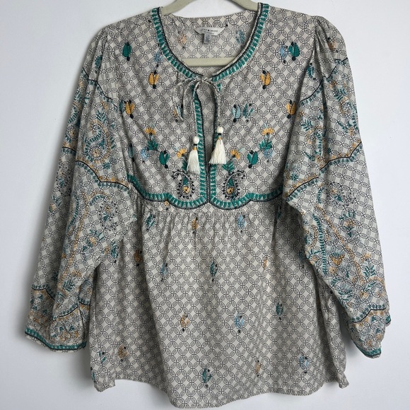 Lucky Brand Evelyn Embroidered Peasant Bohemian Tassel Balloon Sleeve Top Sz L - Picture 3 of 12